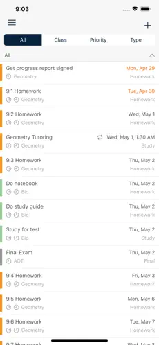 myHomework schedule view screenshot