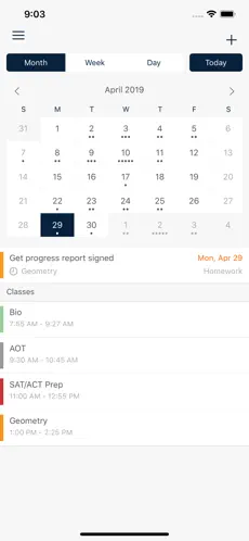 myHomework calendar view screenshot